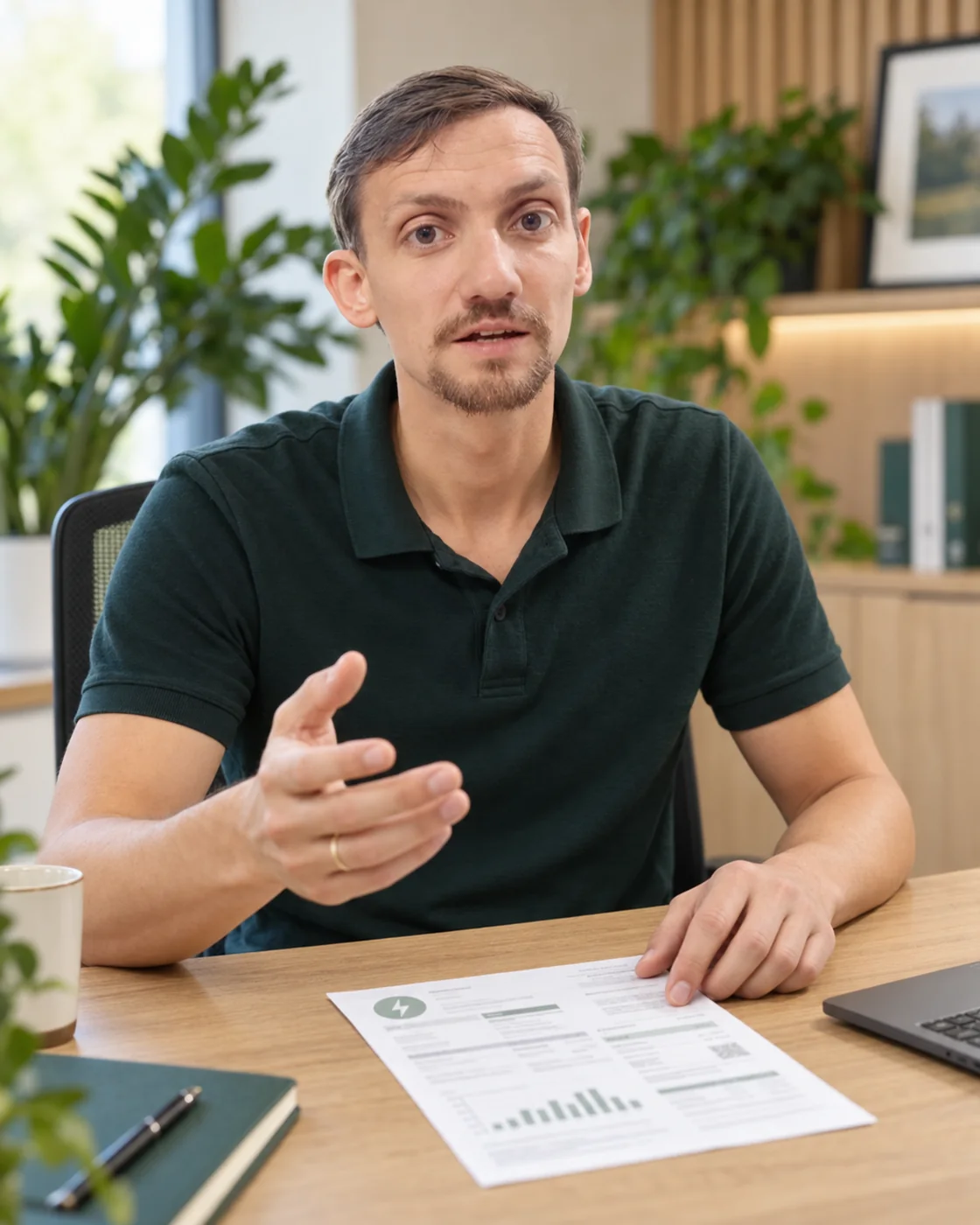 Dawid z Aslandi przy biurku z rachunkiem za energię