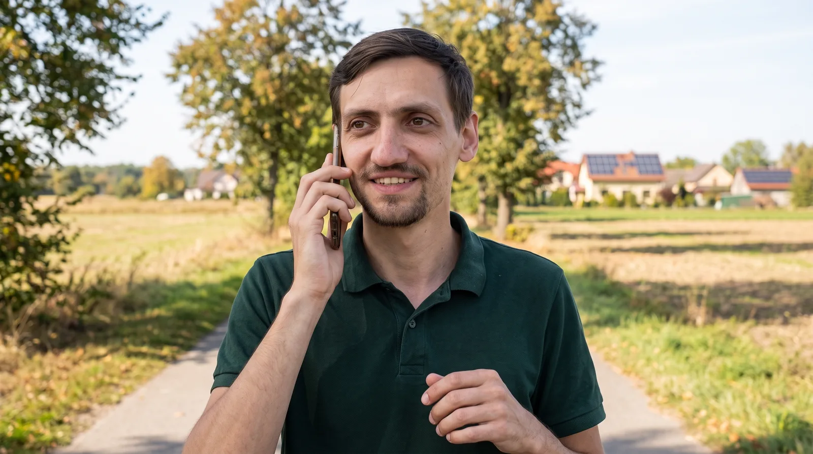 Dawid Jarząbek z Aslandi stoi przy polnej drodze z telefonem przy uchu, w tle pola i domy z panelami — ilustracja AI oparta na jego wizerunku