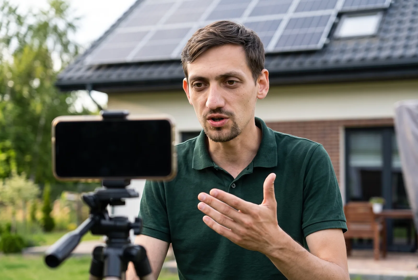 Dawid z Aslandi nagrywa telefonem na statywie film przed domem z panelami — ilustracja AI oparta na jego wizerunku