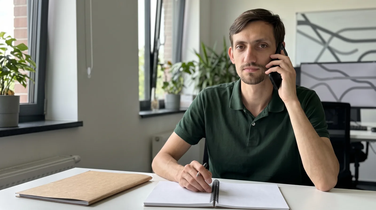 Dawid z Aslandi rozmawia przez telefon i notuje przy biurku — ilustracja AI oparta na jego wizerunku
