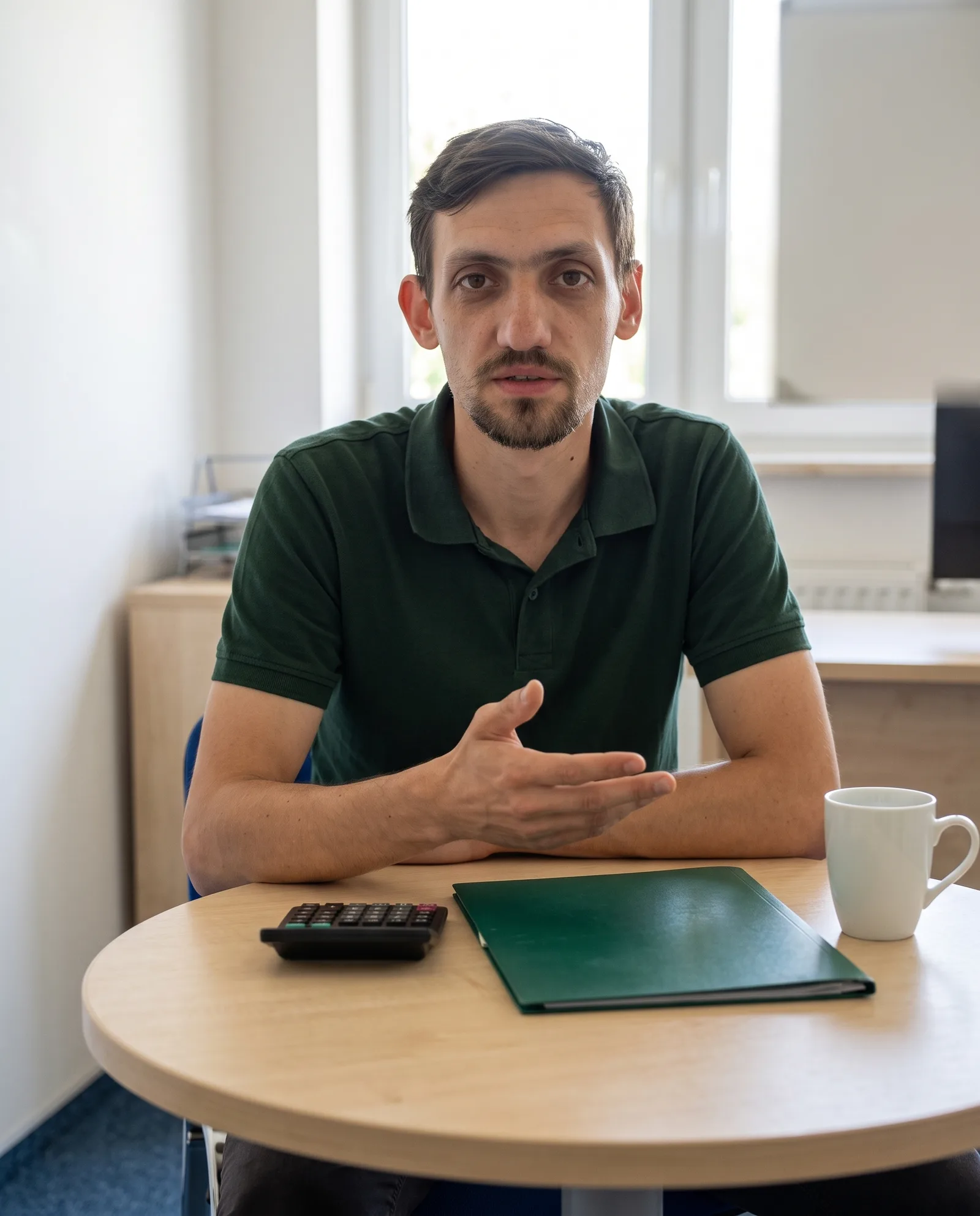 Dawid Jarząbek z Aslandi przy okrągłym stoliku z kalkulatorem i zamkniętą teczką tłumaczy kolejne kroki — ilustracja AI oparta na jego wizerunku