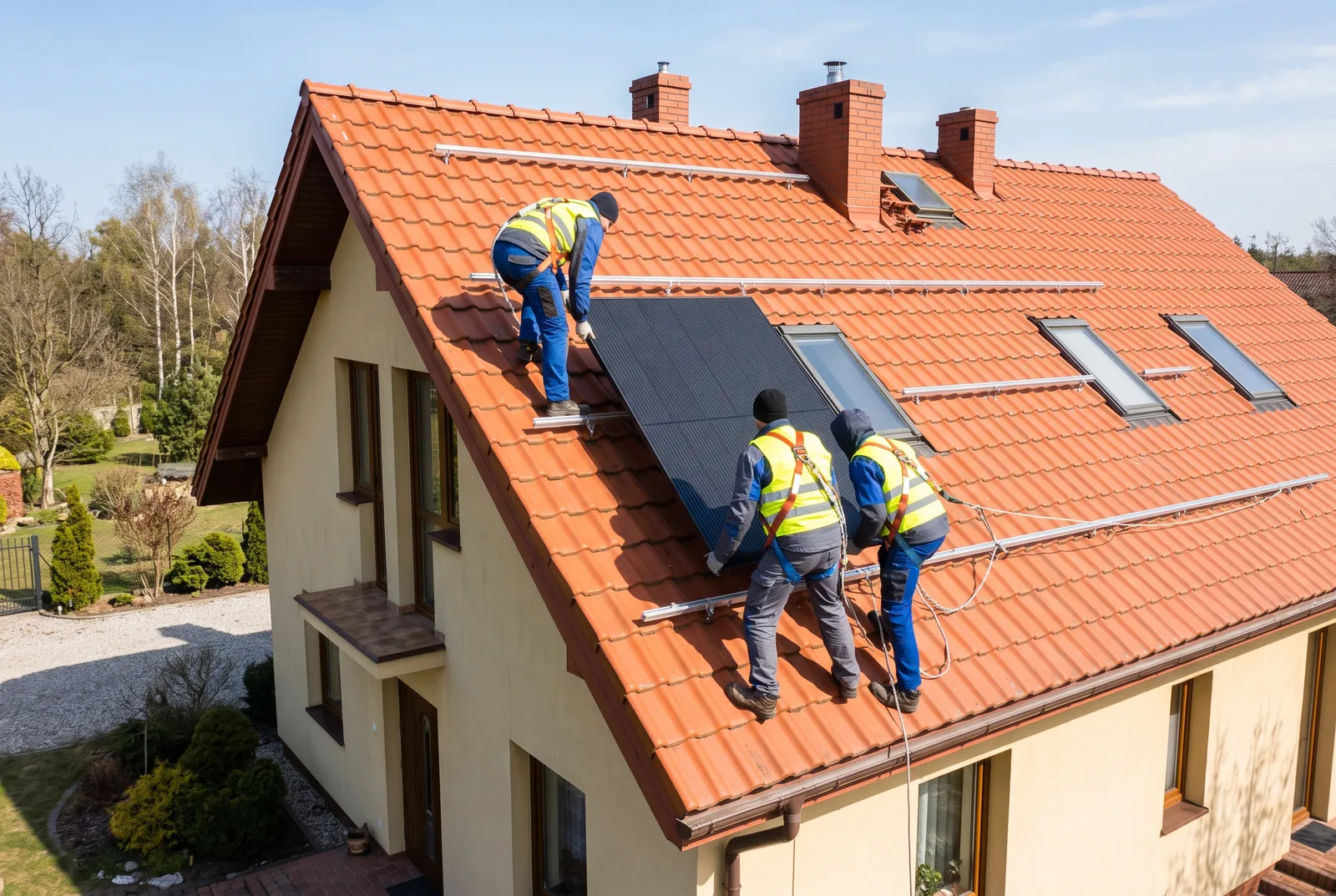 Dwóch monterów w szelkach bezpieczeństwa układa panel na dachu domu jednorodzinnego, widok z ziemi